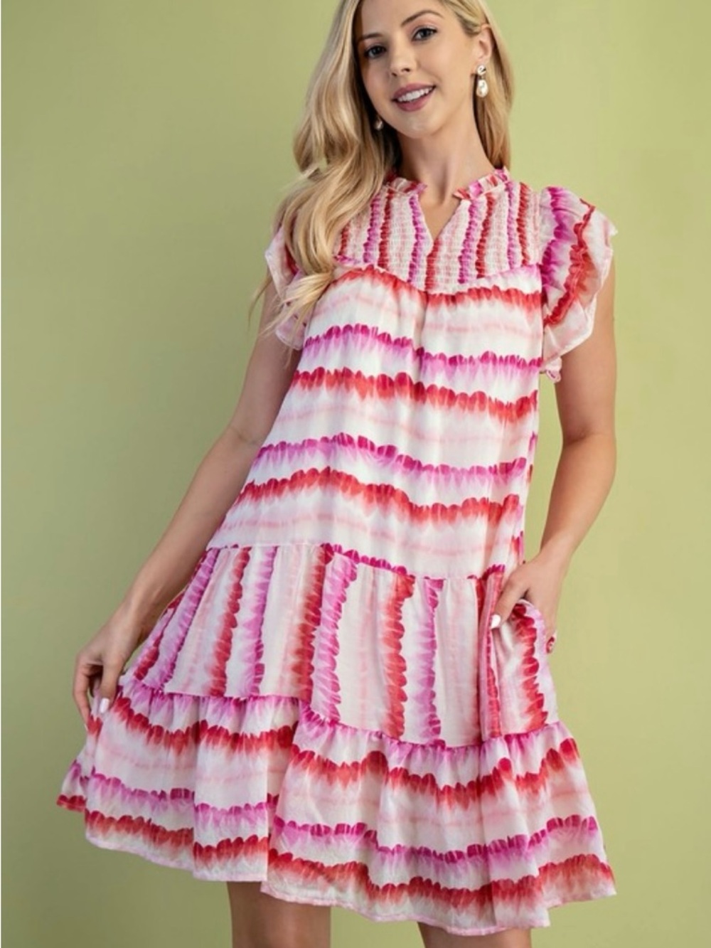 Gigio Fuchsia Mix Dye Striped Smocked Yoke Flutter Sleeve Mini Dress